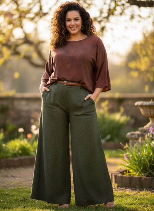 Woman wearing a hand dyed silk brown top and green wide-leg pants standing in a garden.