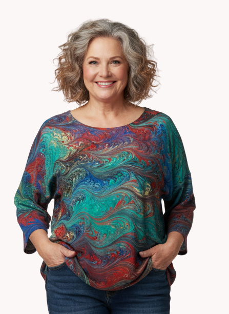 Woman wearing a colorful marbled silk top  and blue jeans on a white background