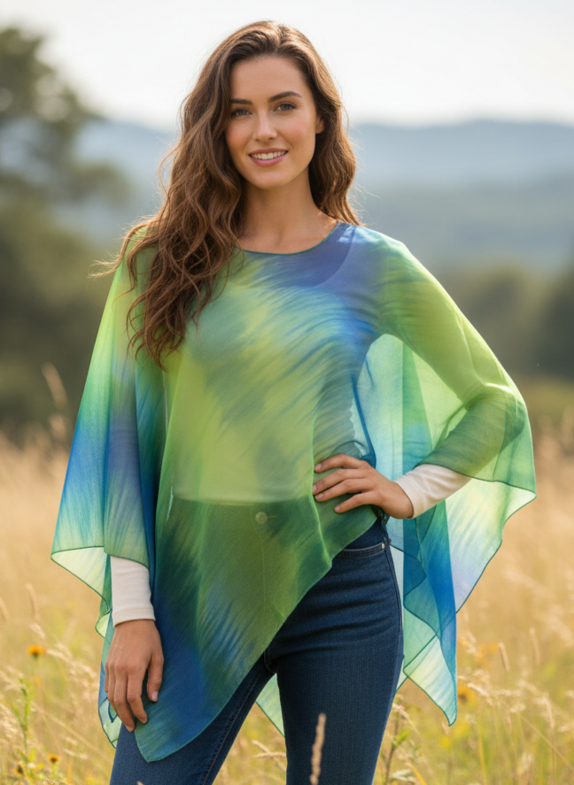 Woman wearing a colorful poncho in a field