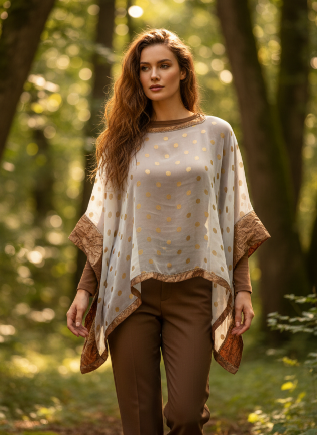 woman in a white and gold poncho walking through woods
