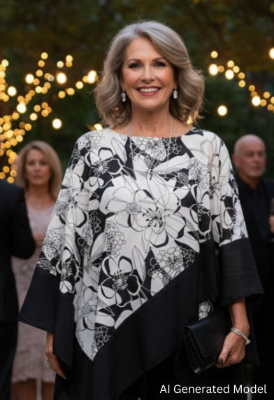 Woman in a black and white floral poncho outfit standing outdoors with decorative lights and people in the background.