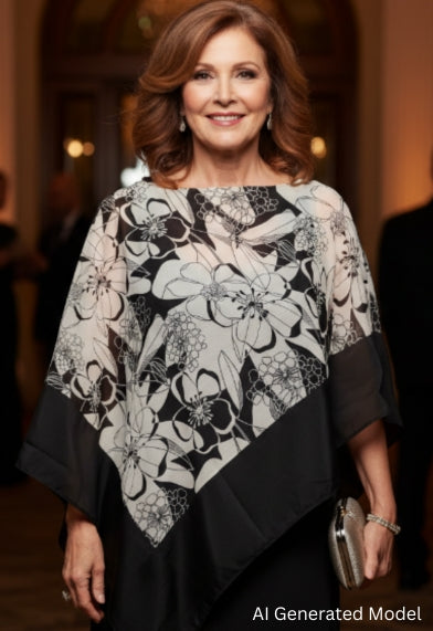 Woman wearing a black and white floral patterned shawl in an elegant indoor setting.