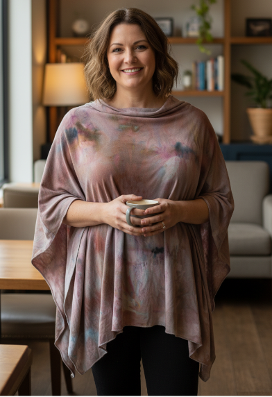 Woman in a cozy room holding a mug, wearing a hand dyed poncho.