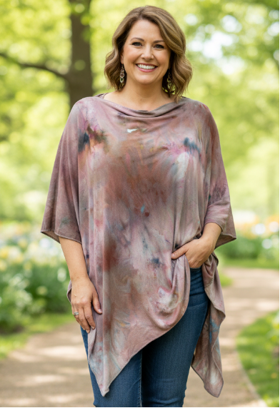 Woman wearing a hand dyed poncho in a park setting
