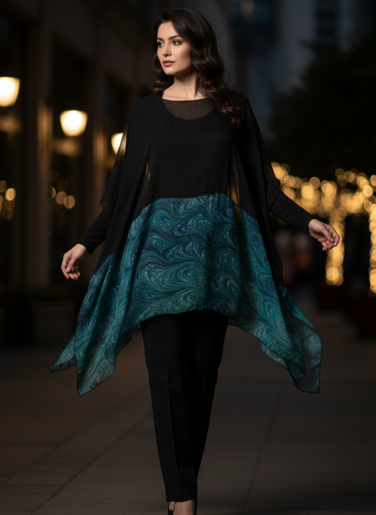 Woman wearing a black and marbled silk poncho with city lights in the background
