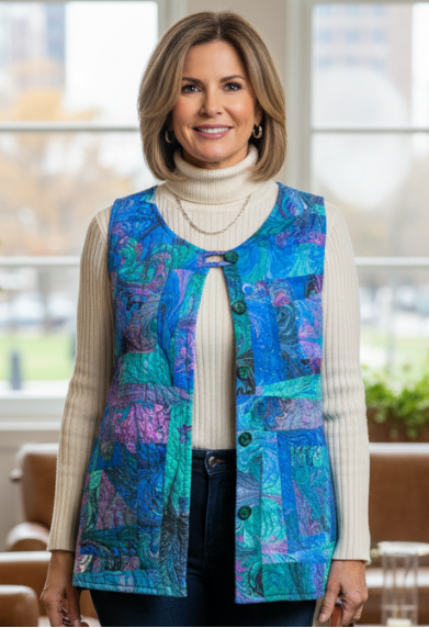 Woman wearing a colorful quilted and marbled vest in a living room setting