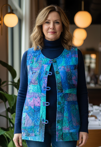Woman wearing a colorful marbled silk quilted vest over a blue sweater in a restaurant setting
