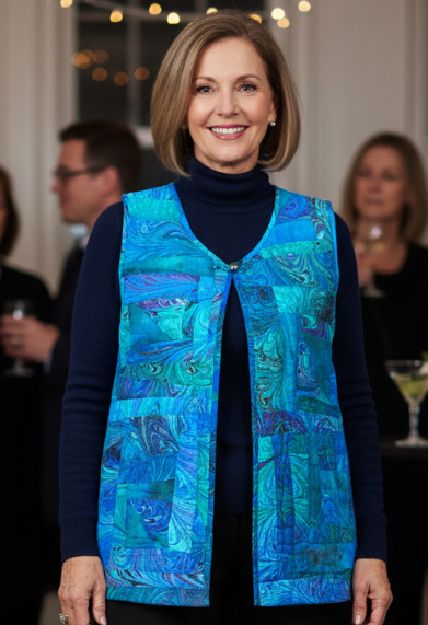 Woman wearing a blue marbled quilted vest in a social setting with people and tables in the background.