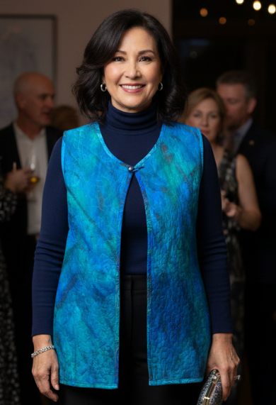 woman wearing a quilted vest with an abstract handpainted pattern