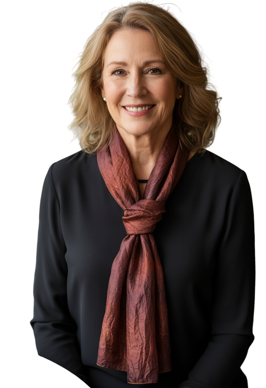 Woman wearing a dark blouse and hand dyed brown silk scarf 