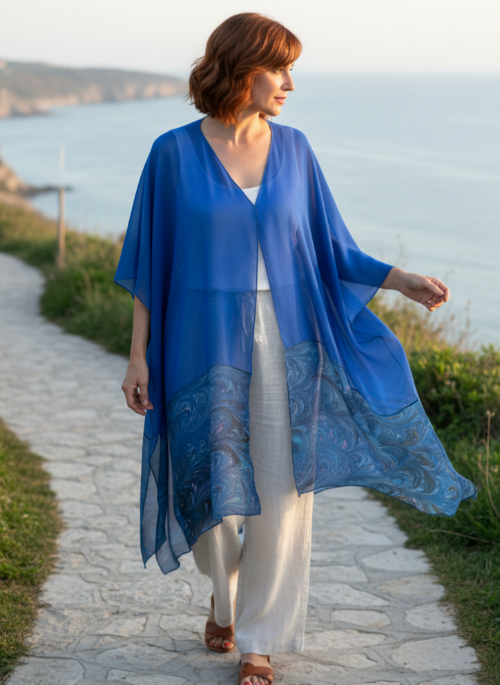 Woman in a blue kimono-style garment walking along a stone path by a scenic waterfront.