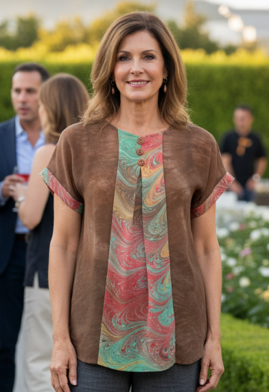 Woman standing outdoors in a garden setting, wearing a marbled silk and dyed top