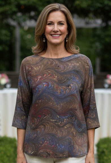 Woman wearing a hand marbled silk top in shades of brown and gray standing on a stone path with flowers and greenery in the background