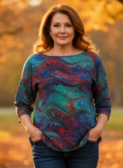 Woman wearing a hand marbled silk top walking in a park with autumn leaves and trees