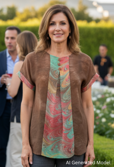Woman standing outdoors in a garden setting, wearing a marbled silk and dyed top - AI generated 