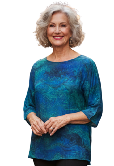 Woman in a double marbled emeralds silk  top and black pants 