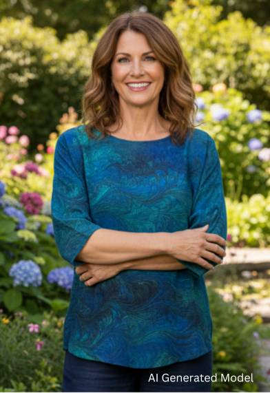 Woman standing in a garden wearing a emeralds double marbled silk  top.  AI generated model.