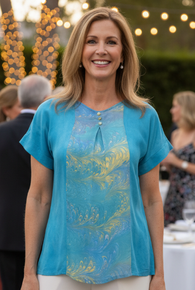 Woman in a dyed silk top accented by a marbled silk panel in the front of the top  and white pants standing outdoors at an event with blurred people and decorations in the background.