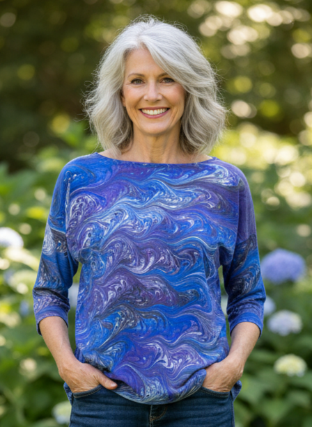 woman wearing a blue, purple, black and white marbled silk top in an outdoor setting