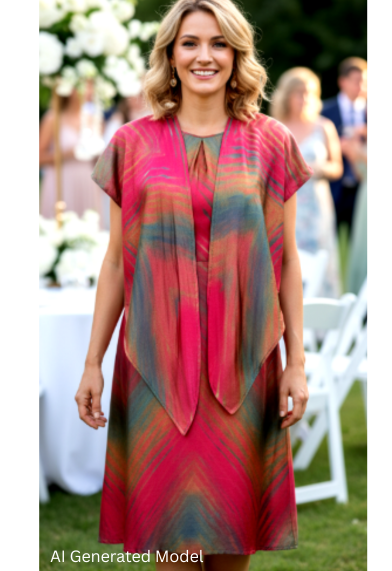 Woman in a shibori dyed silk satin dress standing outdoors at an event with blurred background.  AI generated models