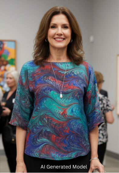 Woman in a colorful marbled silk top and black pants standing in an art gallery with other visitors.  AI generated model