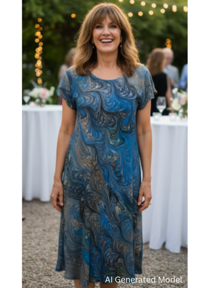 Woman in a gray with peach and blue marbled silk bias cut dress standing outdoors at an event with tables and people in the background.  AI generated models