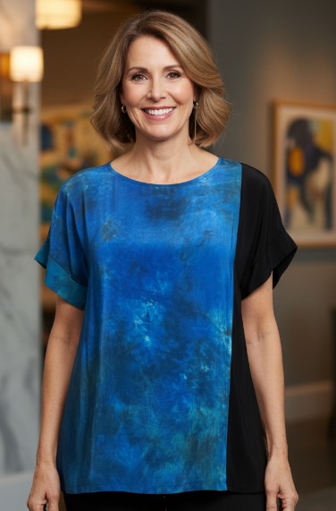 Woman wearing a blue and black top in an indoor setting