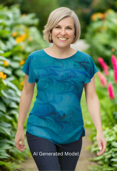 woman wearing a marbled silk top in emerald green colors AI generated model