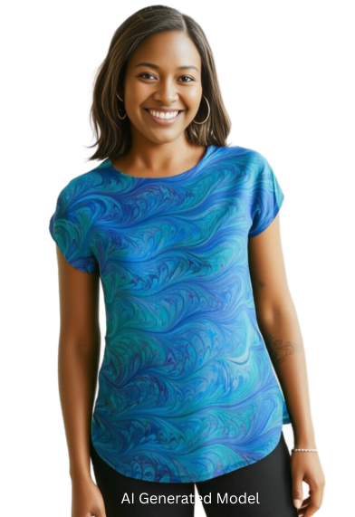 Woman wearing a blue marbled  shirt on a white background  AI generated model