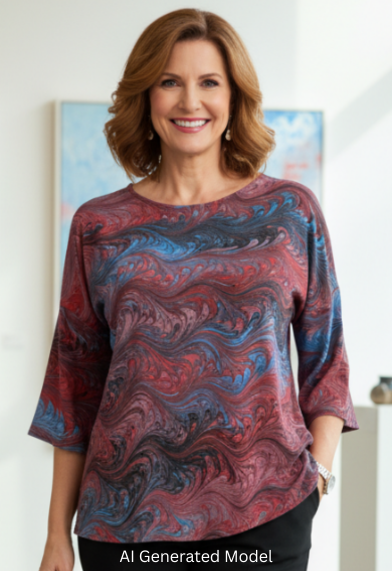 Woman wearing a marbled mauve and blue top - AI generated model