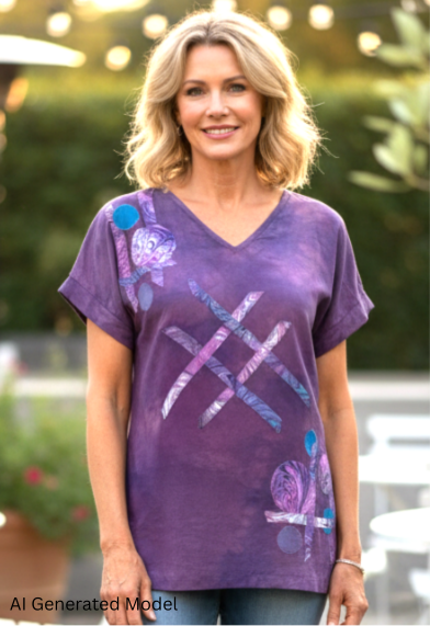 Woman wearing a purple shirt with abstract designs in an outdoor setting.  AI generated model