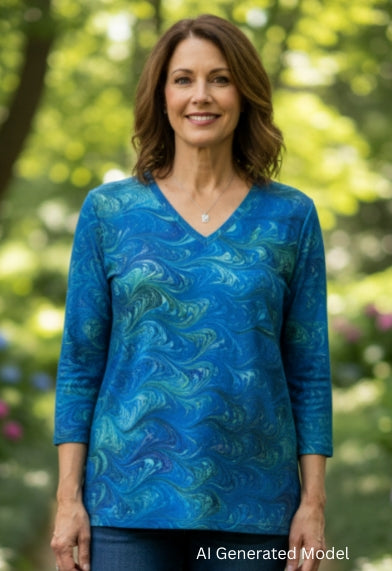 Woman wearing a blue cotton marbled top and jeans standing on a stone path with greenery and flowers in the background