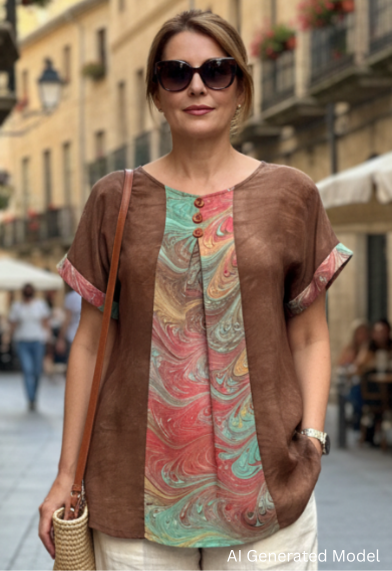 Woman AI model walking down a street wearing a brown top with marbled silk inset and beige pants.