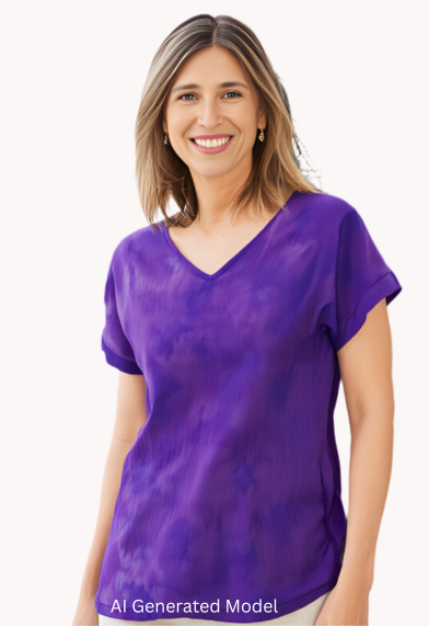Woman wearing a violet and blue silk tie-dye shirt.  AI generated model