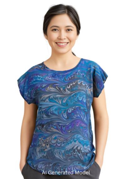 Woman wearing a blue hand marbled silk short sleeve top on a white background AI generated model