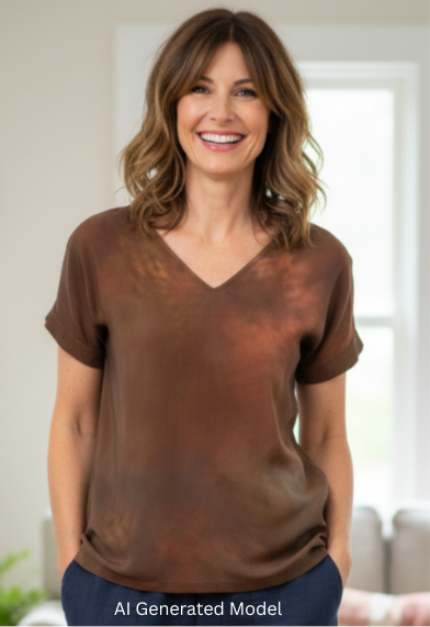 Woman wearing a hand dyed brown shirt and blue pants standing in a living room.  AI generated model