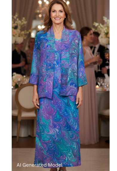 Woman in a marbled silk soft jewel tones bias cut dress with coordinating kimono jacket standing in a formal event setting with tables and chandeliers.  AI generated models