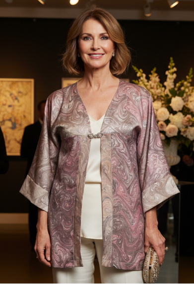 Woman in a marbled satin silk kimono jacket and white pants standing in an indoor setting with blurred background