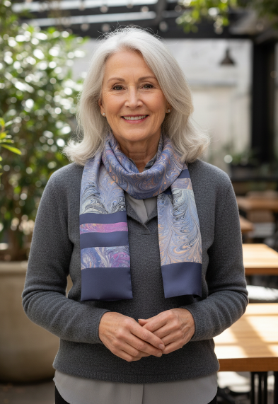 woman wearing an orchid and gray silk scarf 