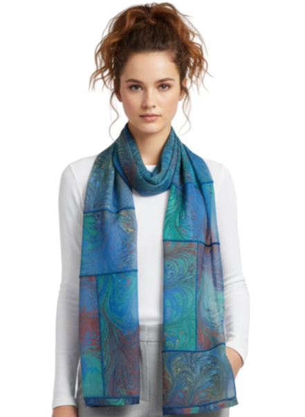 Woman wearing a blue marbled silk scarf with gray pants and white shoes on a light gray background