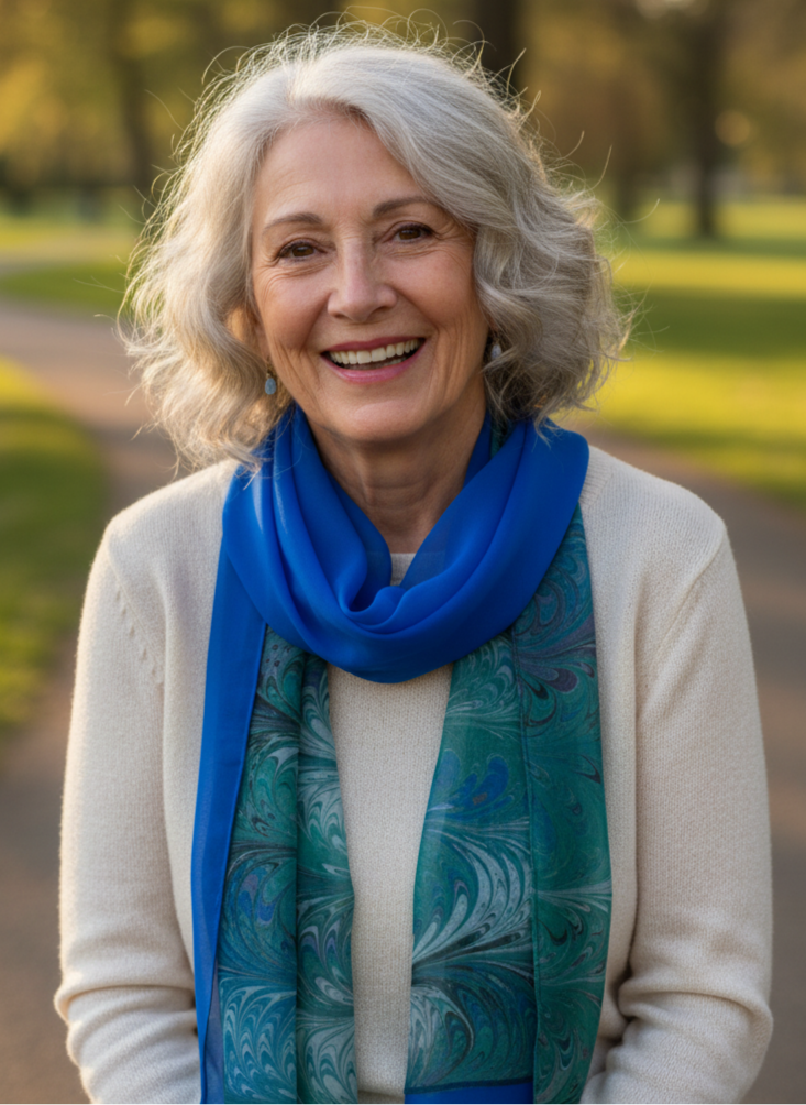 Woman wearing a blue marbled silk scarf with a park background