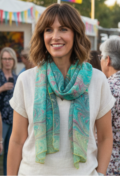 Woman in white outfit with marbled silk soft green pieced scarf at outdoor event
