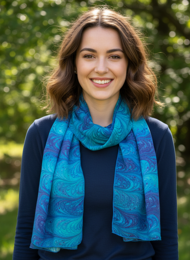 Woman wearing a blue marbled silk scarf outdoors with greenery in the background