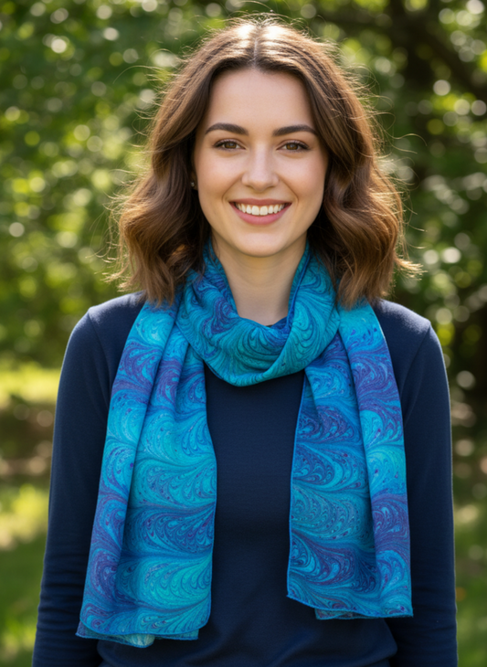 Woman wearing a blue marbled silk scarf outdoors with greenery in the background