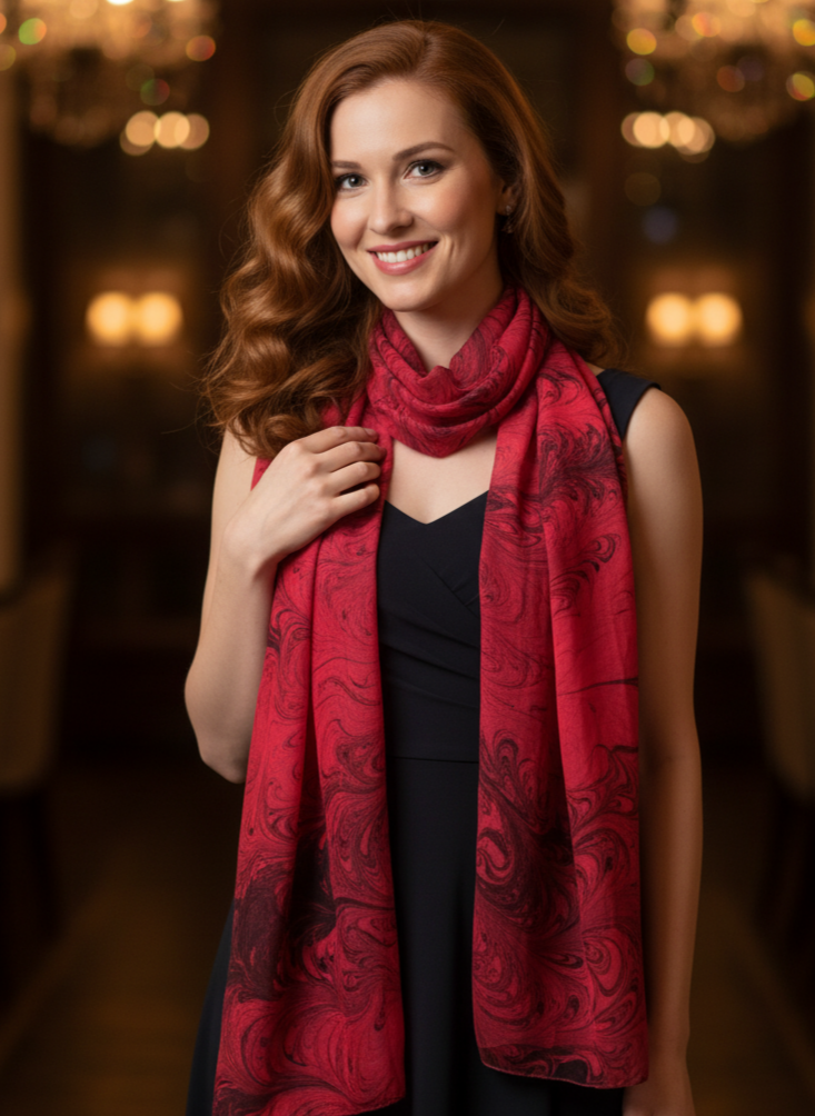 Woman wearing a red scarf with a dark background