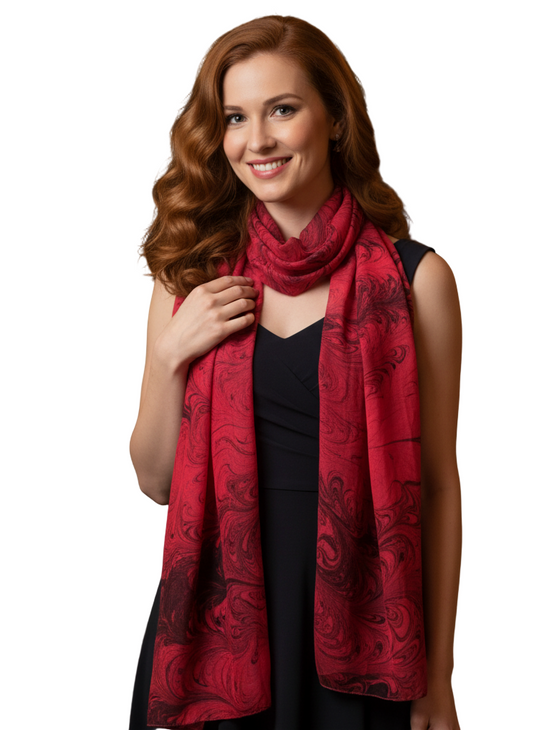 Woman wearing a red scarf with a dark dress