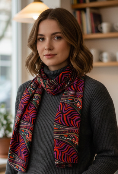Woman wearing a patterned scarf in a cozy indoor setting