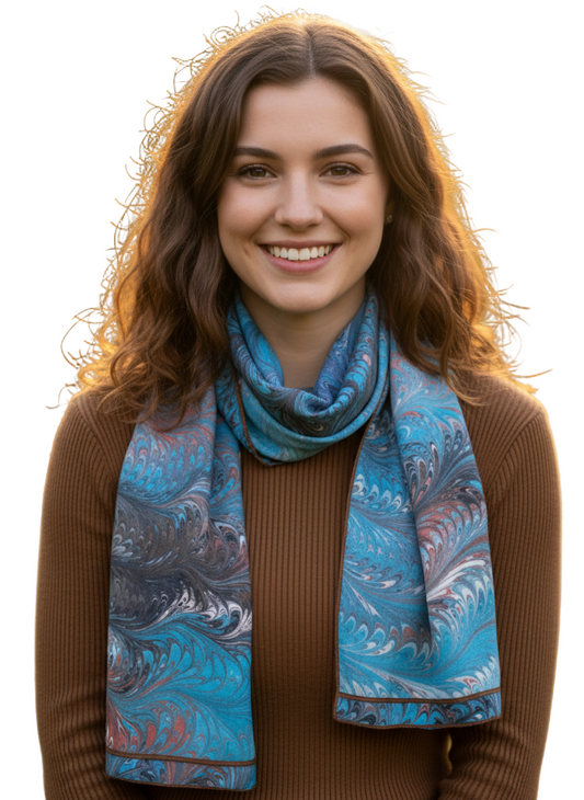 Woman wearing a teal and brown marbled silk scarf 