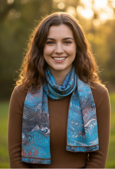 Woman wearing a teal and brown marbled silk  scarf in a natural setting