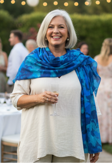 woman wearing a large floral scarf at an outdoor event
